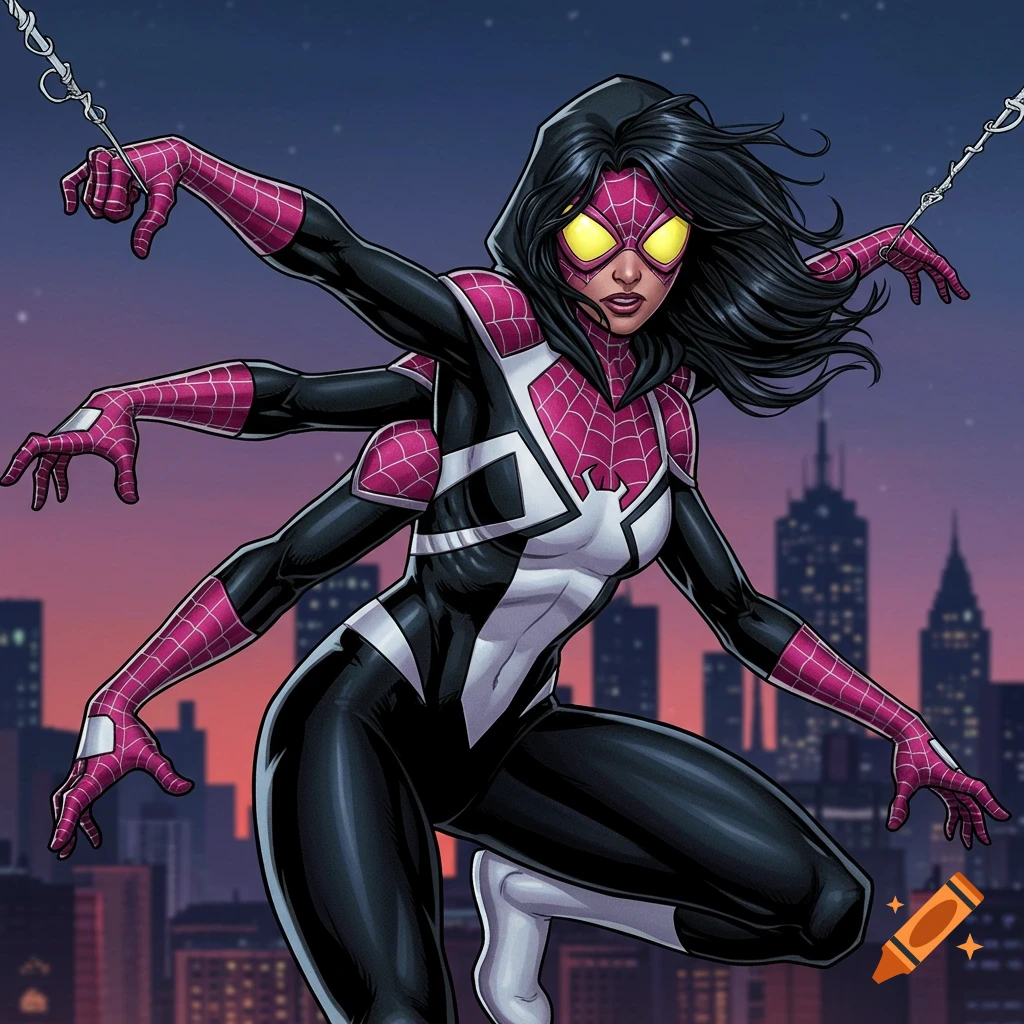 A six-armed Spider-Woman character in a black, white, and magenta suit swings above a cityscape at night, in Marvel comic art style.