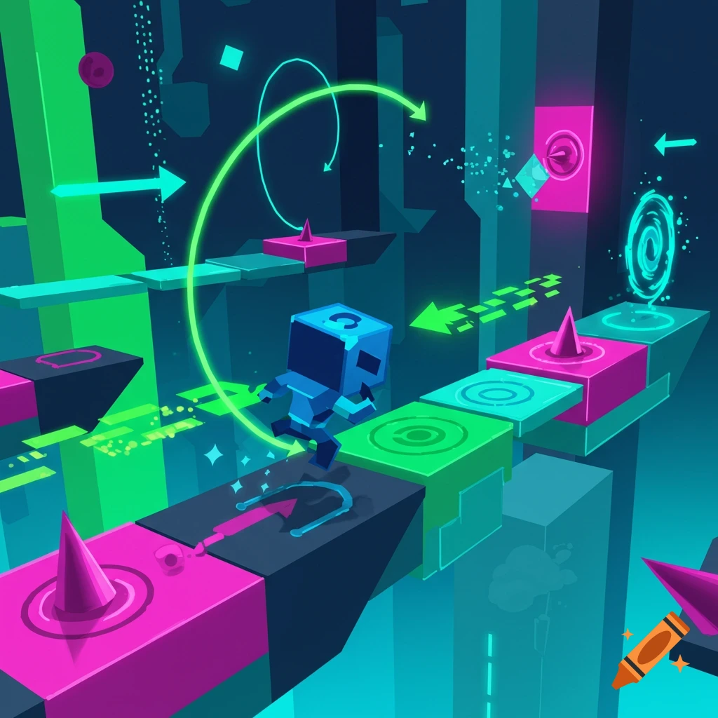 A blue blocky character jumps across neon pink and green platforms with arrows and symbols in a dark, stylized video game world.