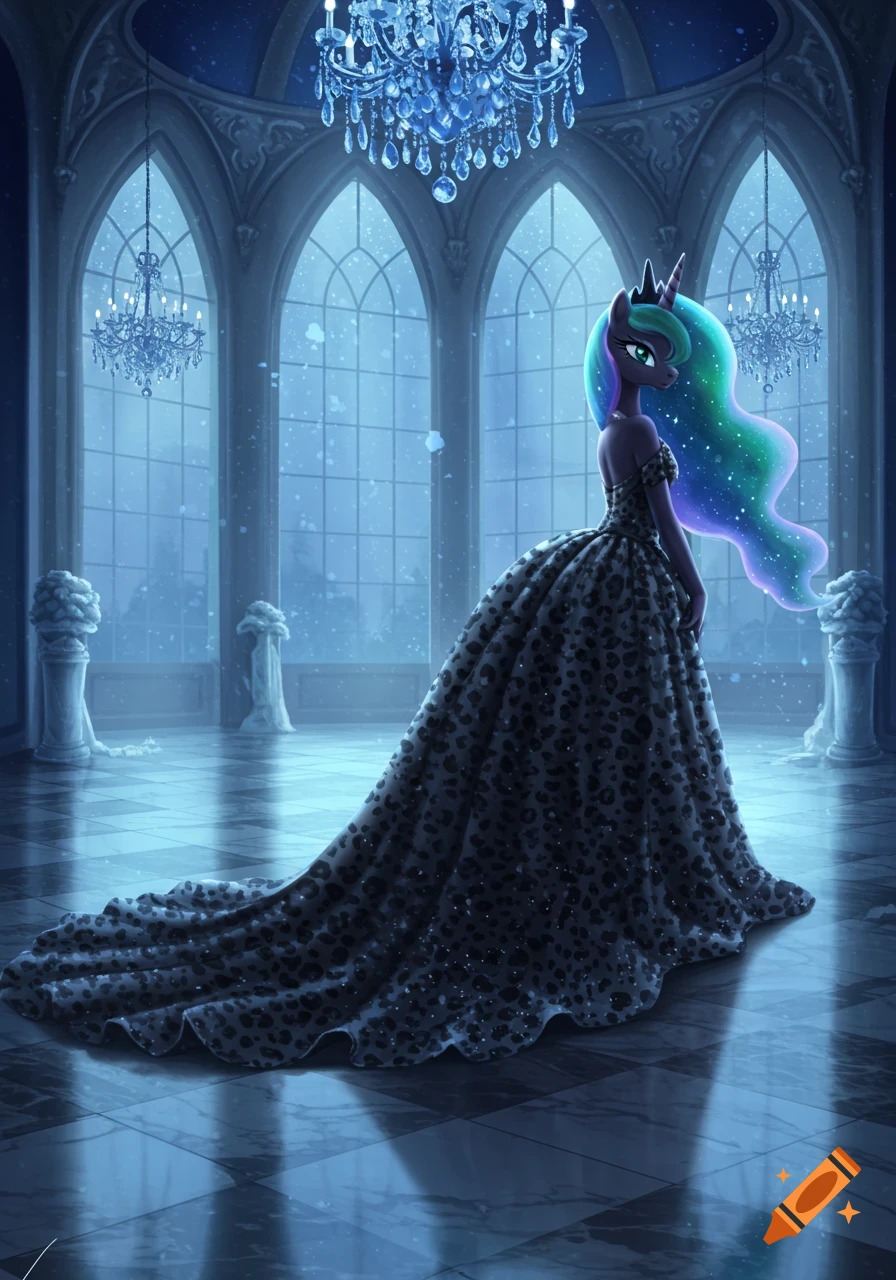 Princess Luna in a flowing black leopard gown stands in a grand, blue-lit ballroom with chandeliers and arched windows.