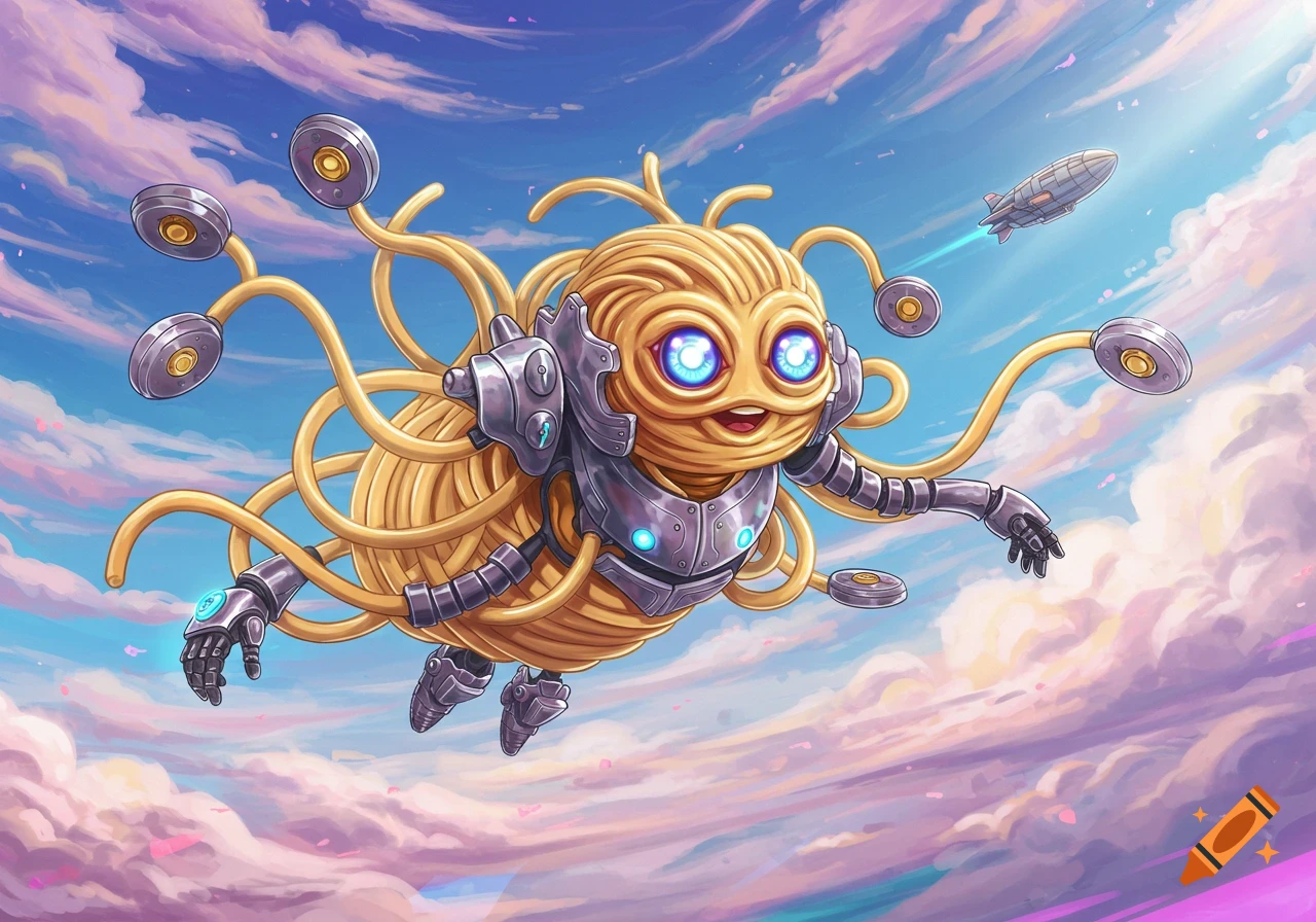 Anime flying spaghetti monster with glowing blue eyes and metal armor flying in a vibrant, cloudy sky with a distant blimp.