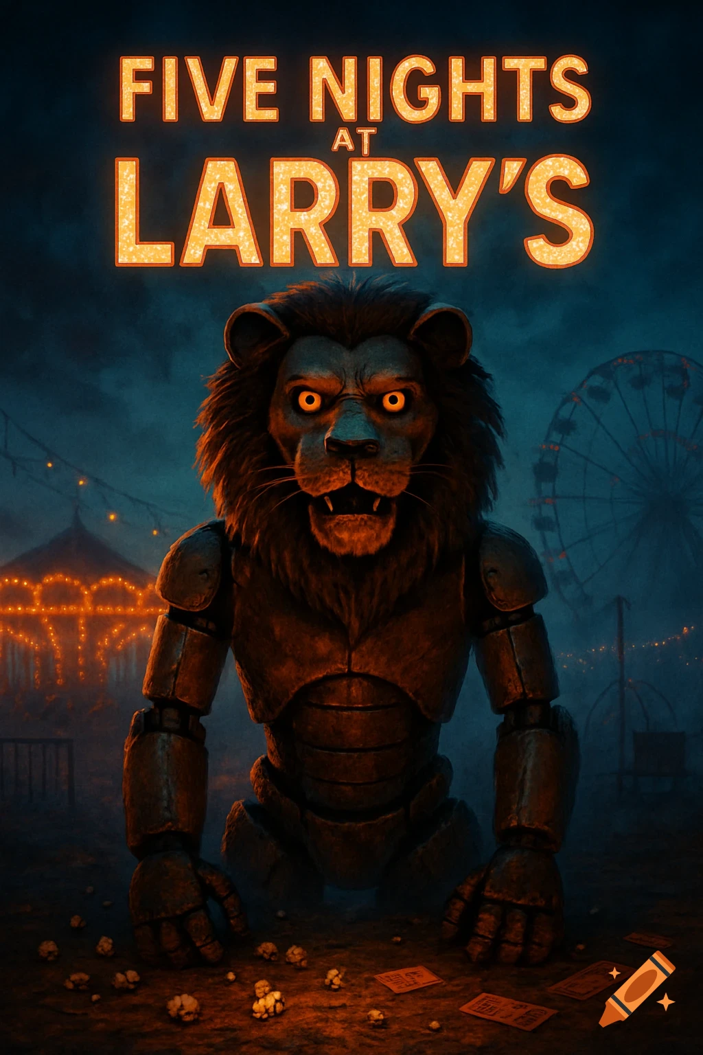 A movie poster for 'FIVE NIGHTS AT LARRY'S' featuring a menacing animatronic lion with glowing eyes in a dark, eerie carnival.