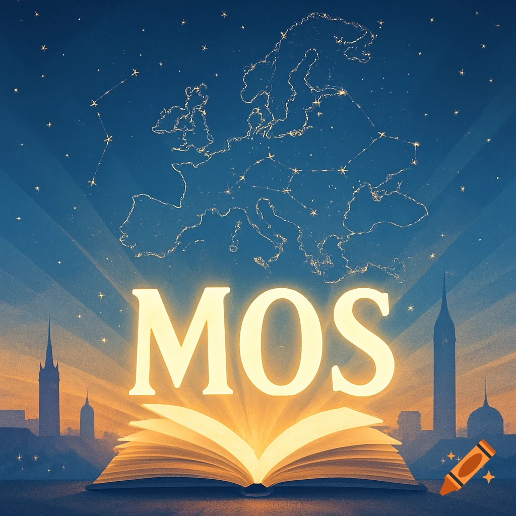A glowing open book with the luminous letters "MOS" above it, set against a dark blue sky with a star constellation map of Europe and city silhouettes.