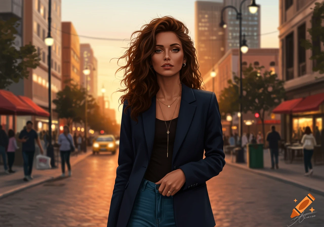 Photorealistic image of a woman with long wavy brown hair in a dark blazer and jeans, standing on a city street at sunset.