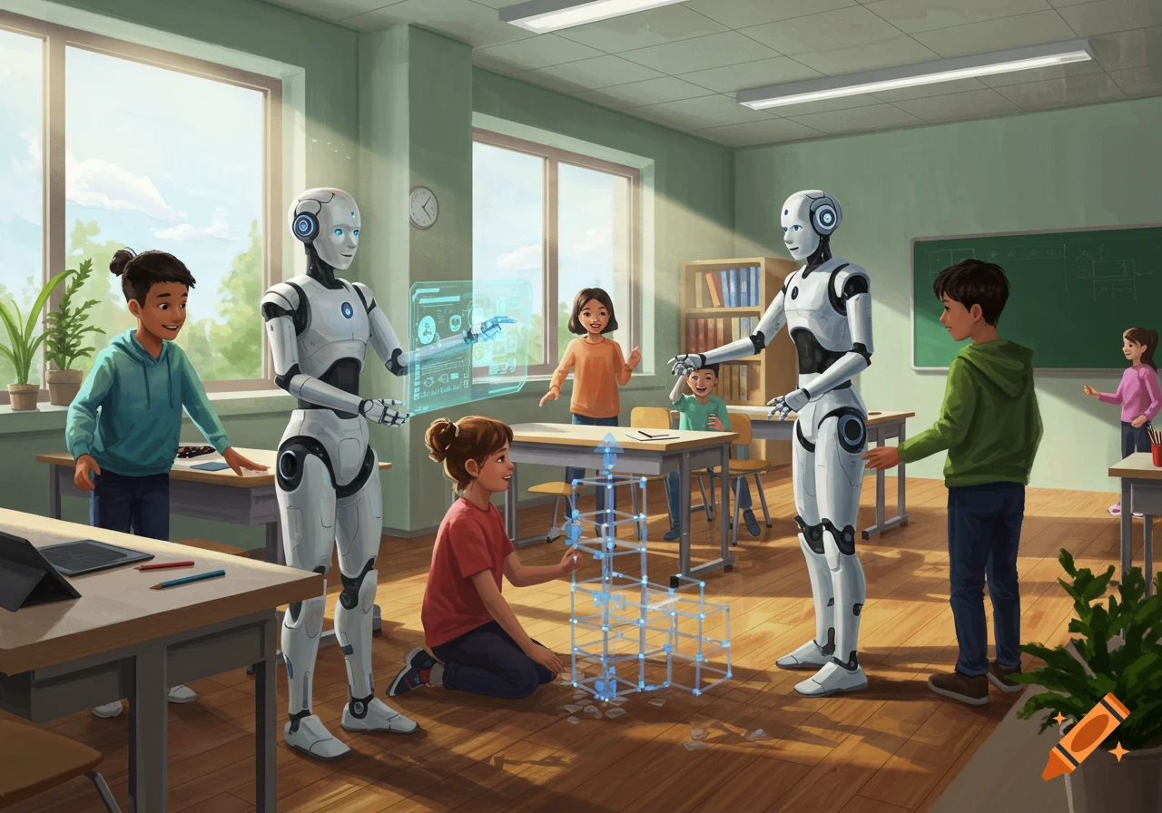 Students interact with two robots in a classroom. One robot displays a hologram; another watches a girl build with glowing blocks. Digital art.
