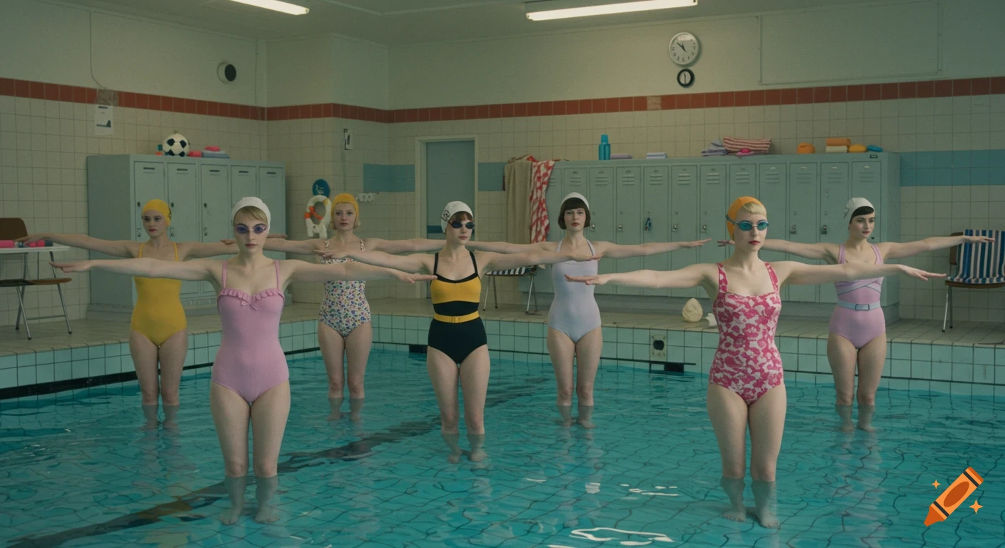 Seven women in vintage swimsuits and caps stand in a swimming pool with arms outstretched, in a Wes Anderson style.