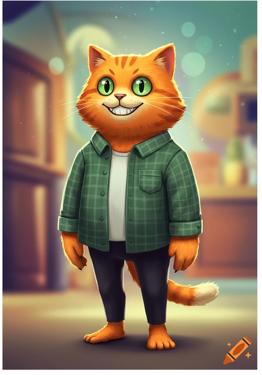 A smiling cartoonish orange cat with green eyes, stripes, a green flannel shirt, and black pants.