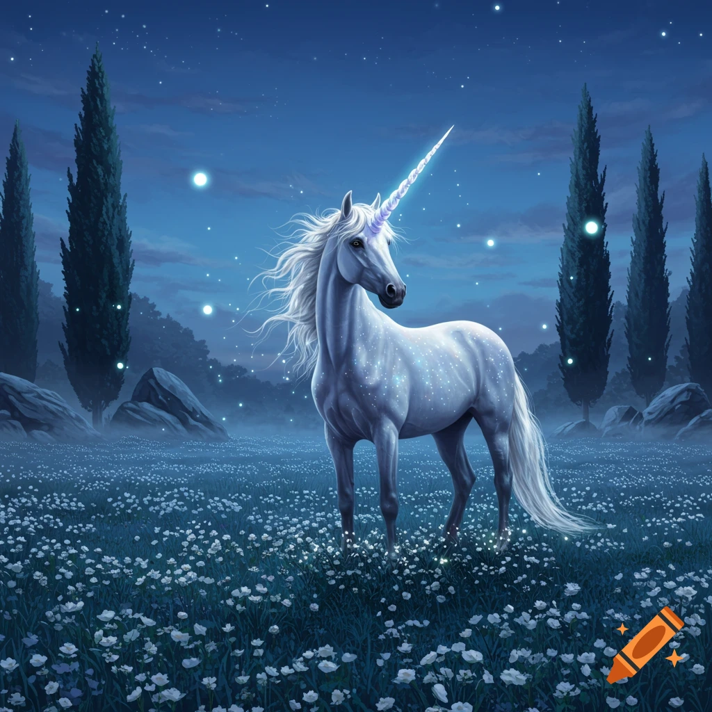 A majestic white unicorn with a glowing spiral horn stands in a field of sparkling white flowers under a starry blue night sky, with tall trees.