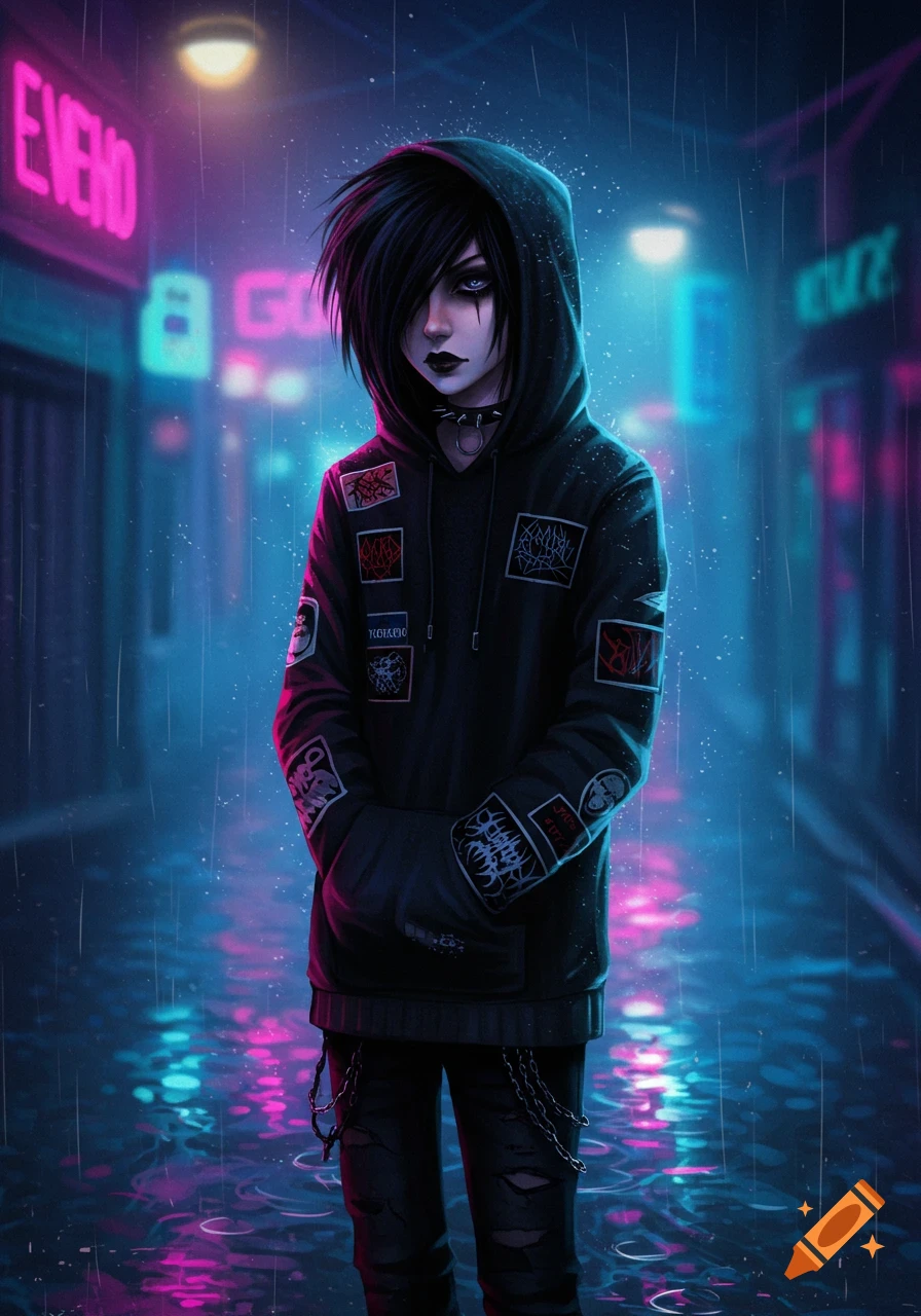 A moody emo person with black hair and dark makeup, wearing a patched hoodie and ripped jeans, stands in a neon-lit, rainy cyberpunk alley.