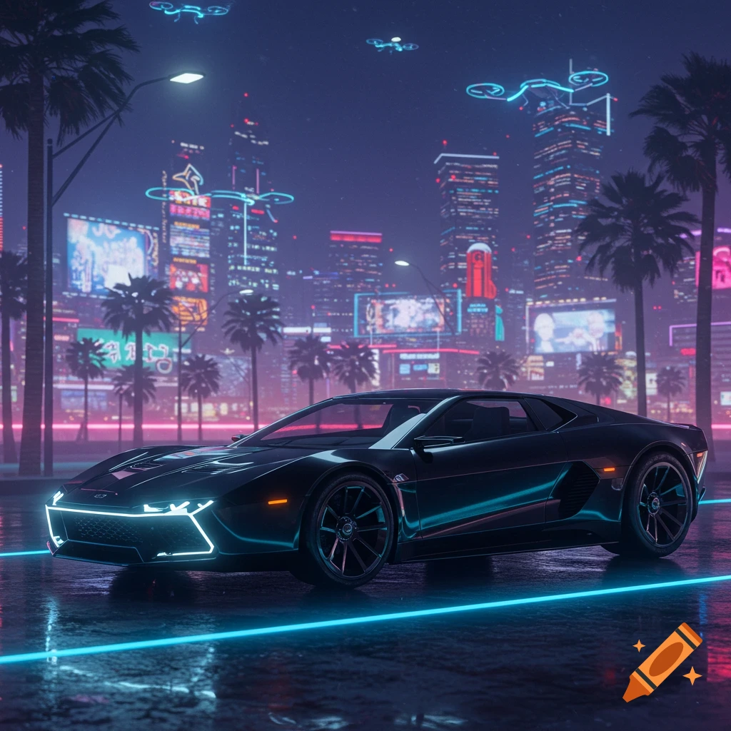 A sleek, black futuristic sports car with glowing neon blue accents sits on a wet street at night, with a neon-lit cyberpunk city skyline in the background.