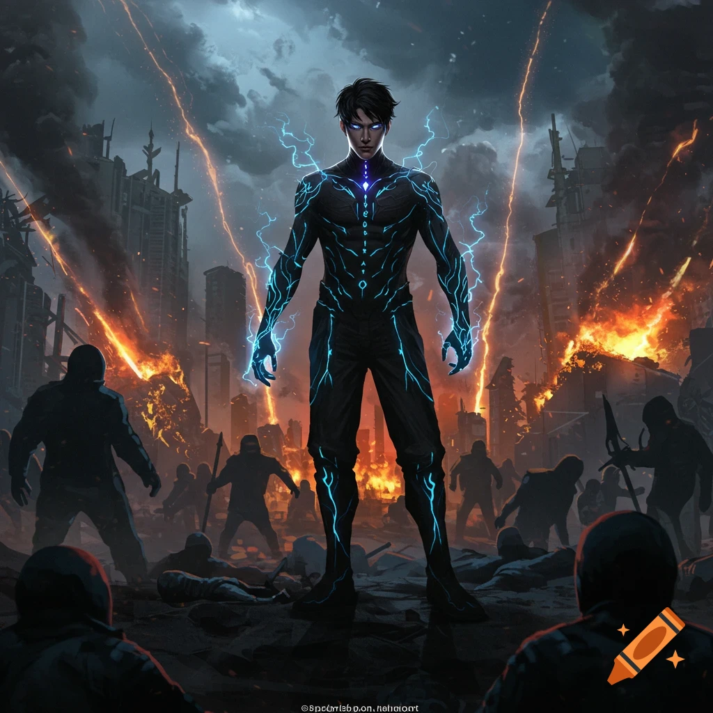 A powerful character with glowing blue energy lines on his black suit stands amidst a destroyed city engulfed in fire, smoke, and lightning, with silhouettes of figures around him. The character has dark hair and glowing blue eyes.