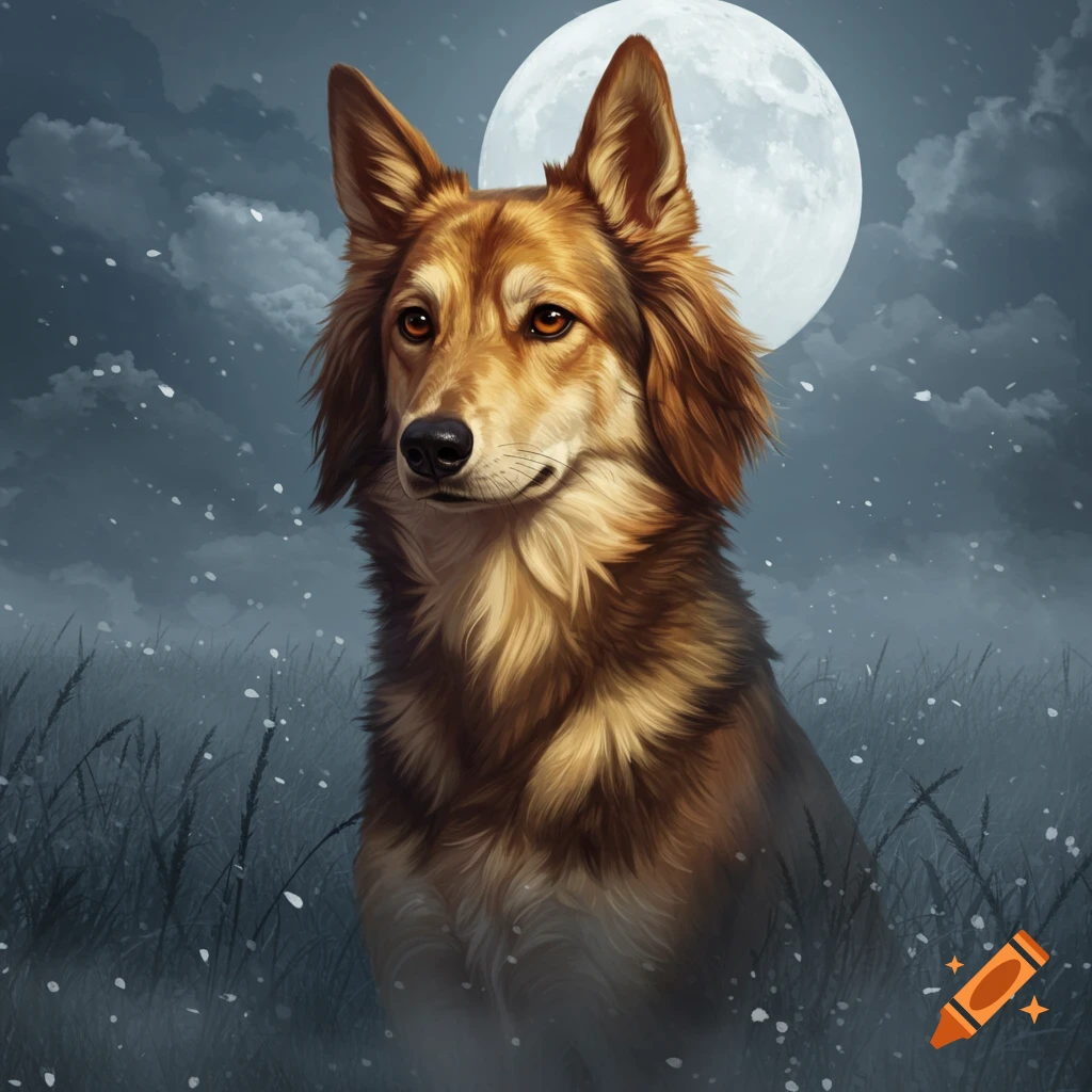 An illustrated brown dog with pointed ears sits in a snowy field under a large full moon.
