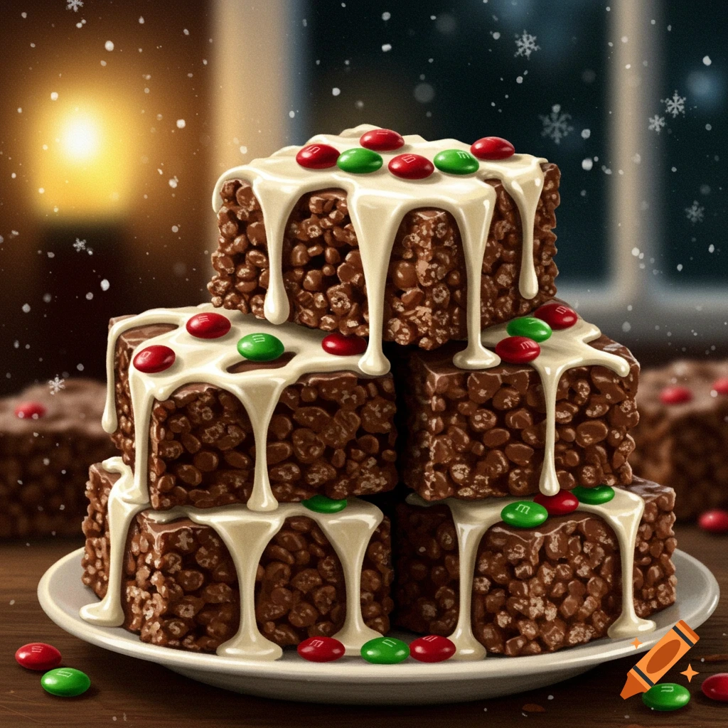 A stack of chocolate rice krispies treats with white icing and red and green M&M's, set against a snowy window.