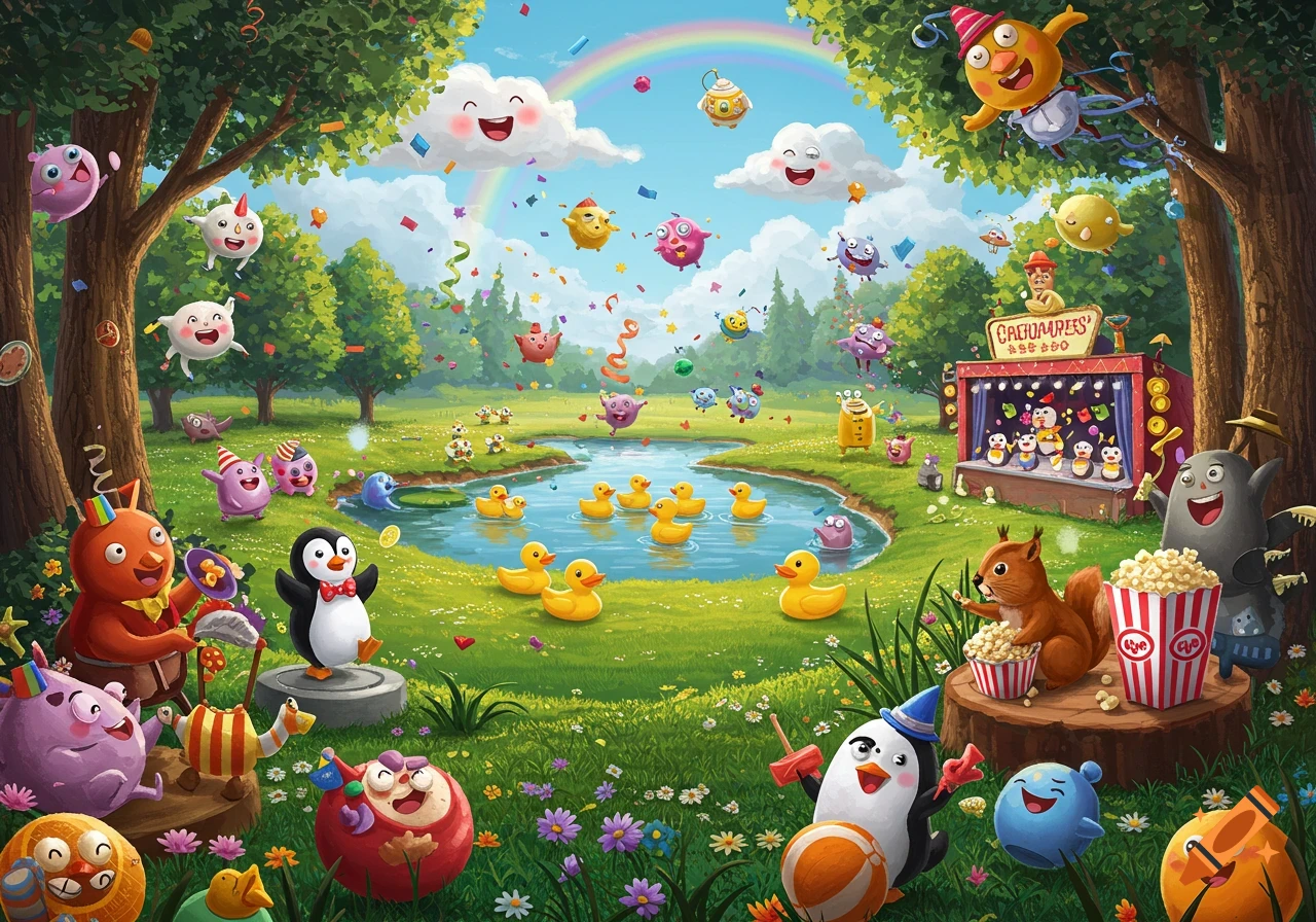 A vibrant, whimsical cartoon landscape filled with colorful creatures, a pond with rubber ducks, a stage show, and falling confetti under a rainbow sky.