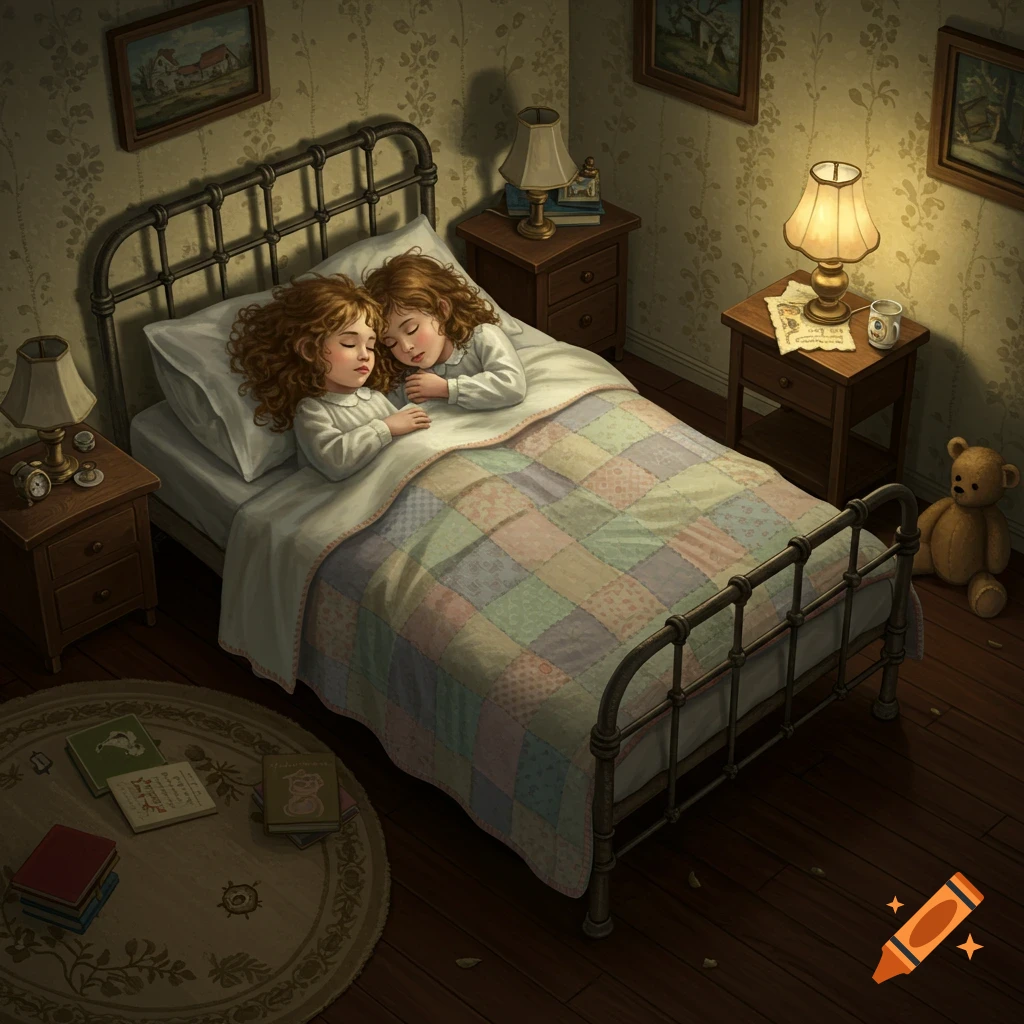 Two young girls with curly hair sleep peacefully in a bed with a patchwork quilt in a dimly lit, cozy room.