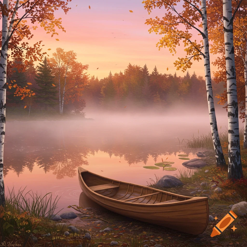 A serene autumn landscape painting with a wooden canoe by a misty lake, surrounded by colorful birch and fall foliage.