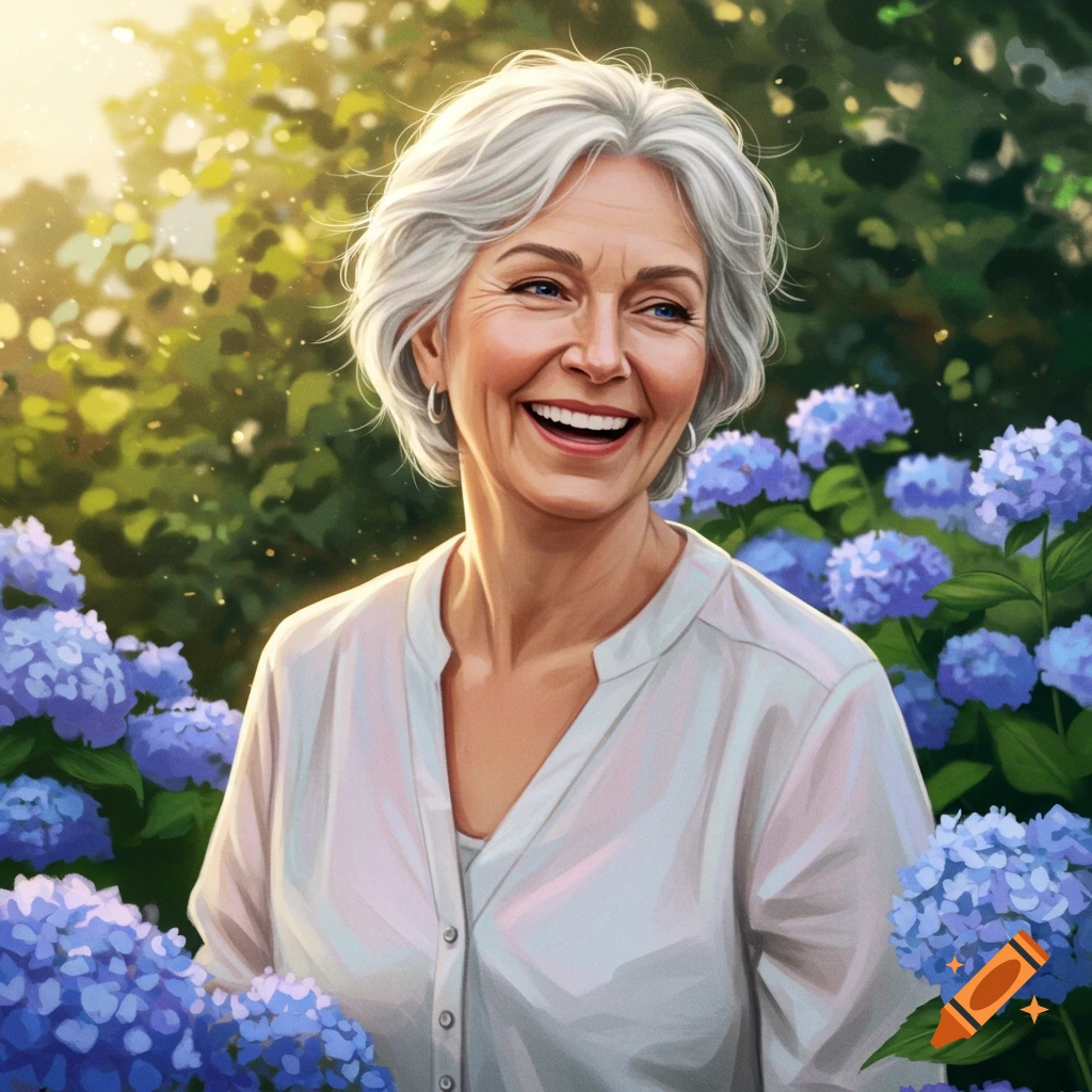 A smiling older woman with short gray hair in a white shirt, in a sunny garden surrounded by purple hydrangeas.