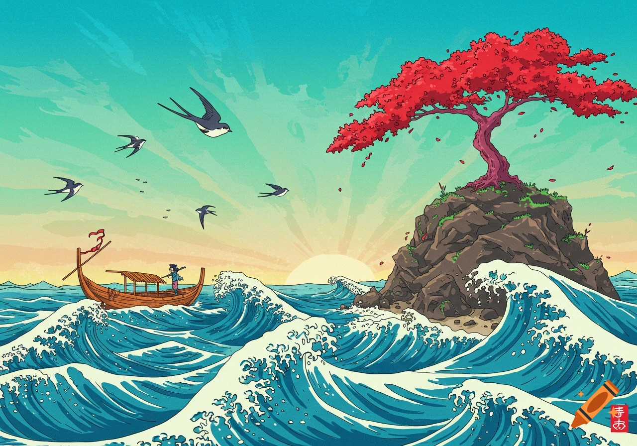 Japanese cartoon landscape: a boat on wild blue waves, a rock island with a red tree, and swallows in a vibrant sky.