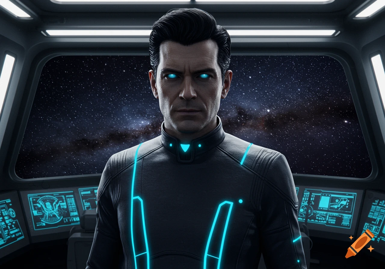 A man in a black sci-fi uniform with glowing blue accents and eyes stands in a spaceship cockpit looking at space.
