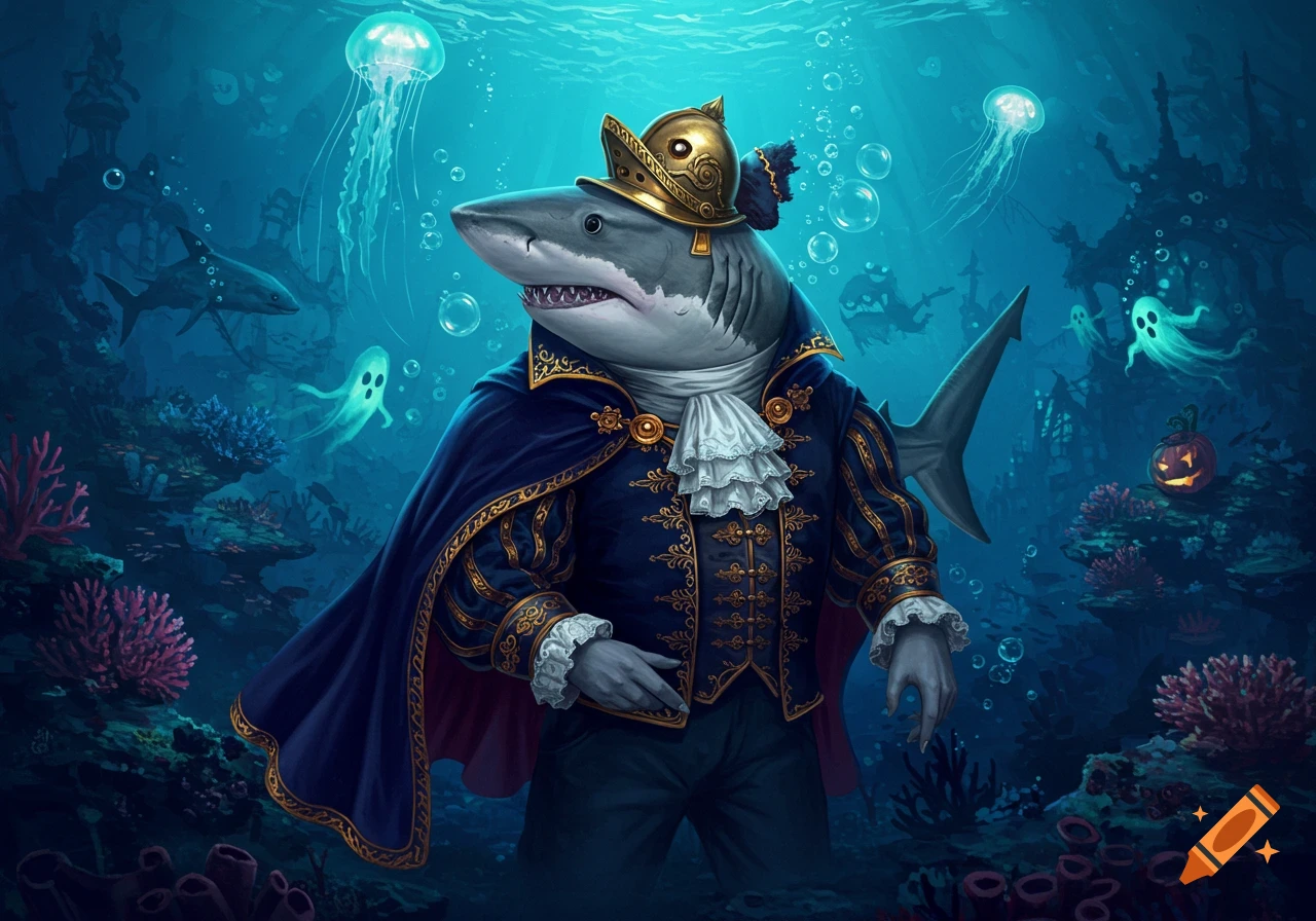 A dapper shark in a blue and gold historical costume and helmet stands underwater amidst coral, jellyfish, and ghostly figures.