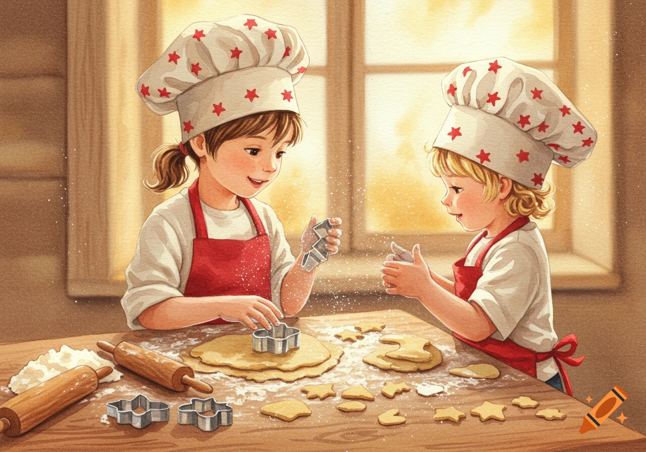 Two smiling children in chef hats and red aprons bake cookies, surrounded by flour and cutters, in a warm watercolor style.