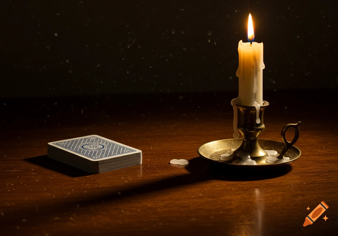 A photorealistic image of a burning candle in a brass holder and a stack of playing cards on a dark wooden table.