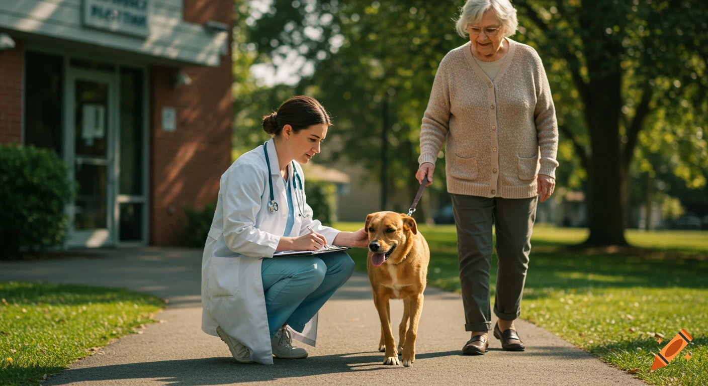 Photorealistic image of a female vet kneeling, examining a golden dog on a leash held by an elderly woman on a path outside a vet hospital.