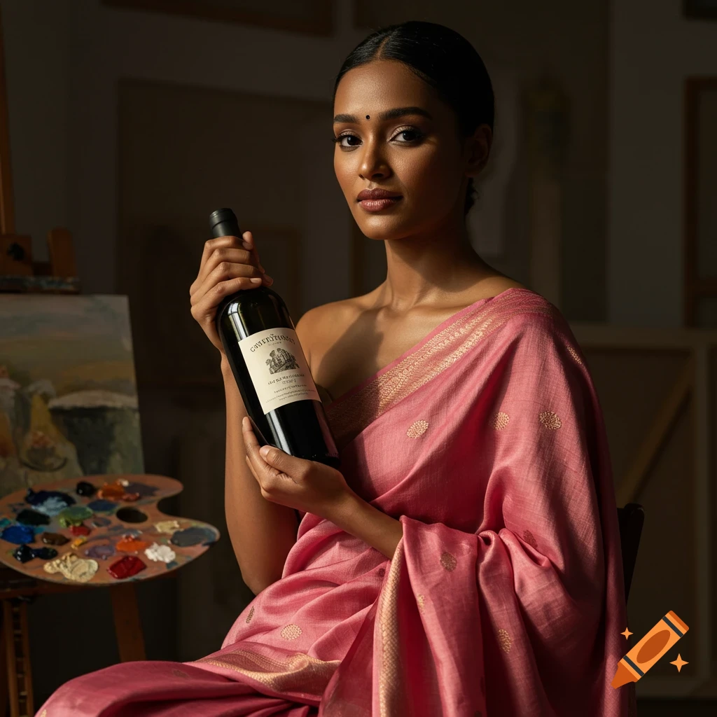 A woman in a pink saree holds a wine bottle in an artist's studio with an easel and palette beside her.