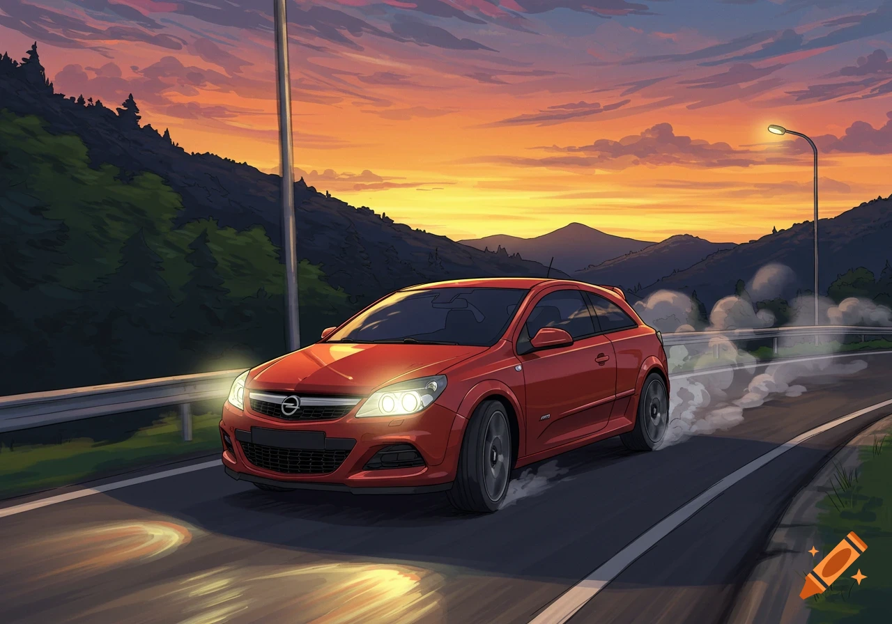 A red Opel Astra coupe drifts on a winding mountain road at sunset, illustrated in an anime style.