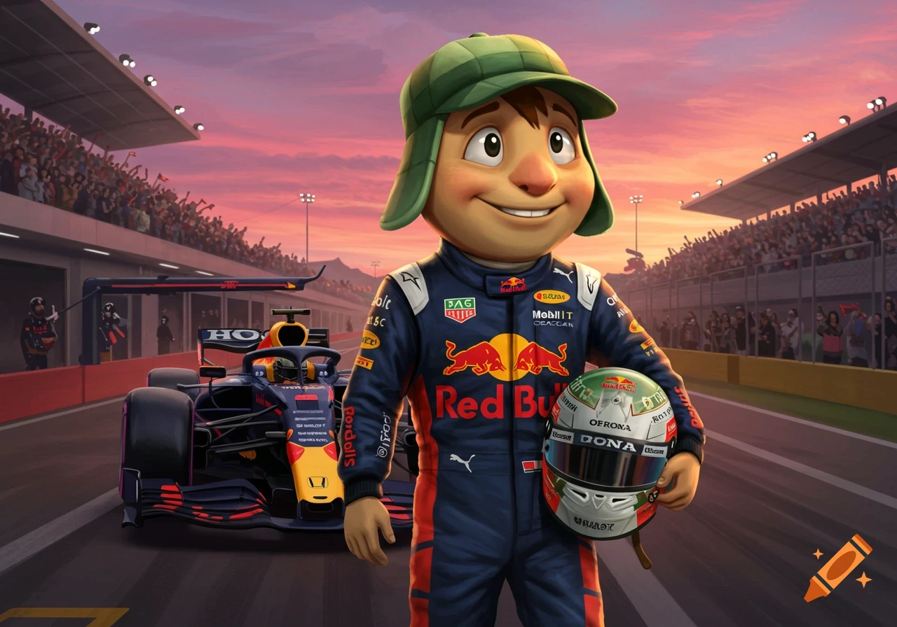 A smiling cartoon boy with a green hat and a Red Bull Formula 1 racing suit stands on a race track, holding a helmet, with a racing car and a cheering crowd in the background at sunset.
