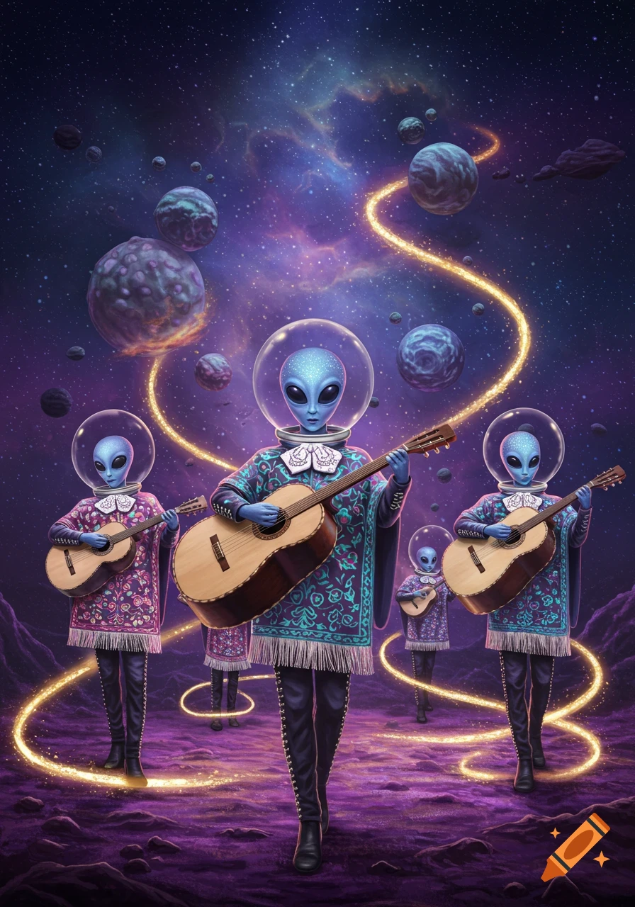 A mariachi band of blue aliens in ponchos and space helmets plays guitars on a purple alien planet under a starry nebula sky.