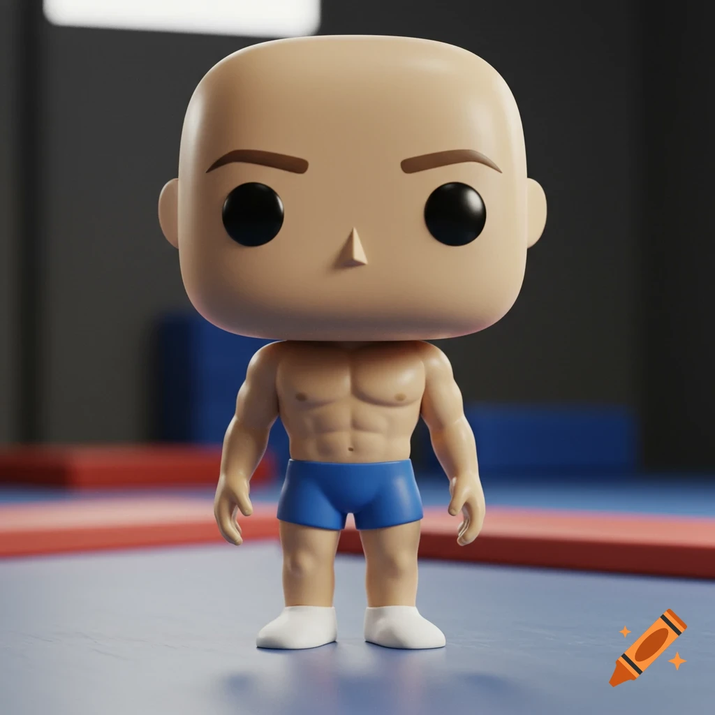 A 3D rendered Funko Pop figure of a bald male gymnast with a muscular torso wearing blue shorts, standing on a mat.