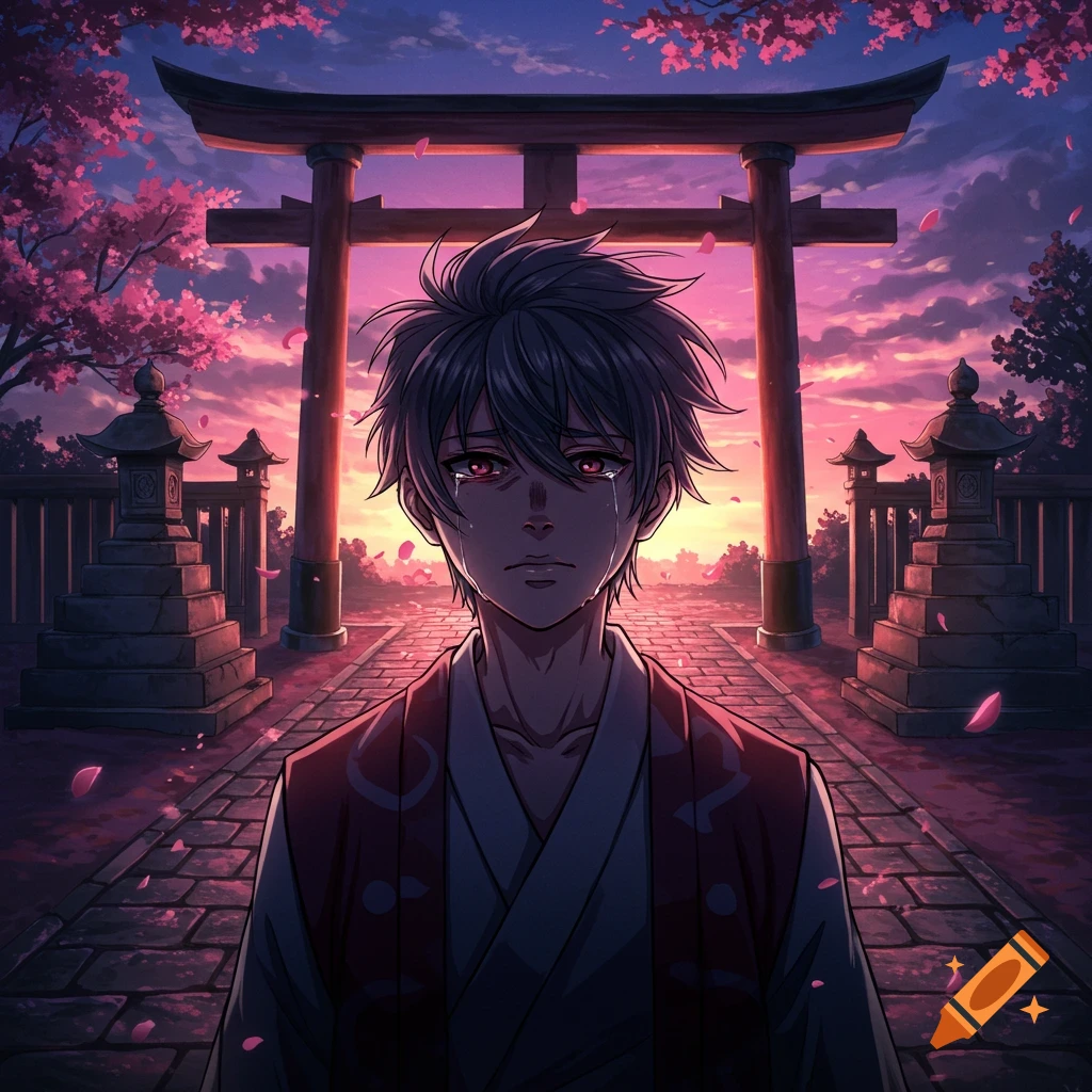 An emotional anime boy with red eyes crying, standing on a stone path in front of a torii gate and cherry blossoms under a vibrant sunset sky.