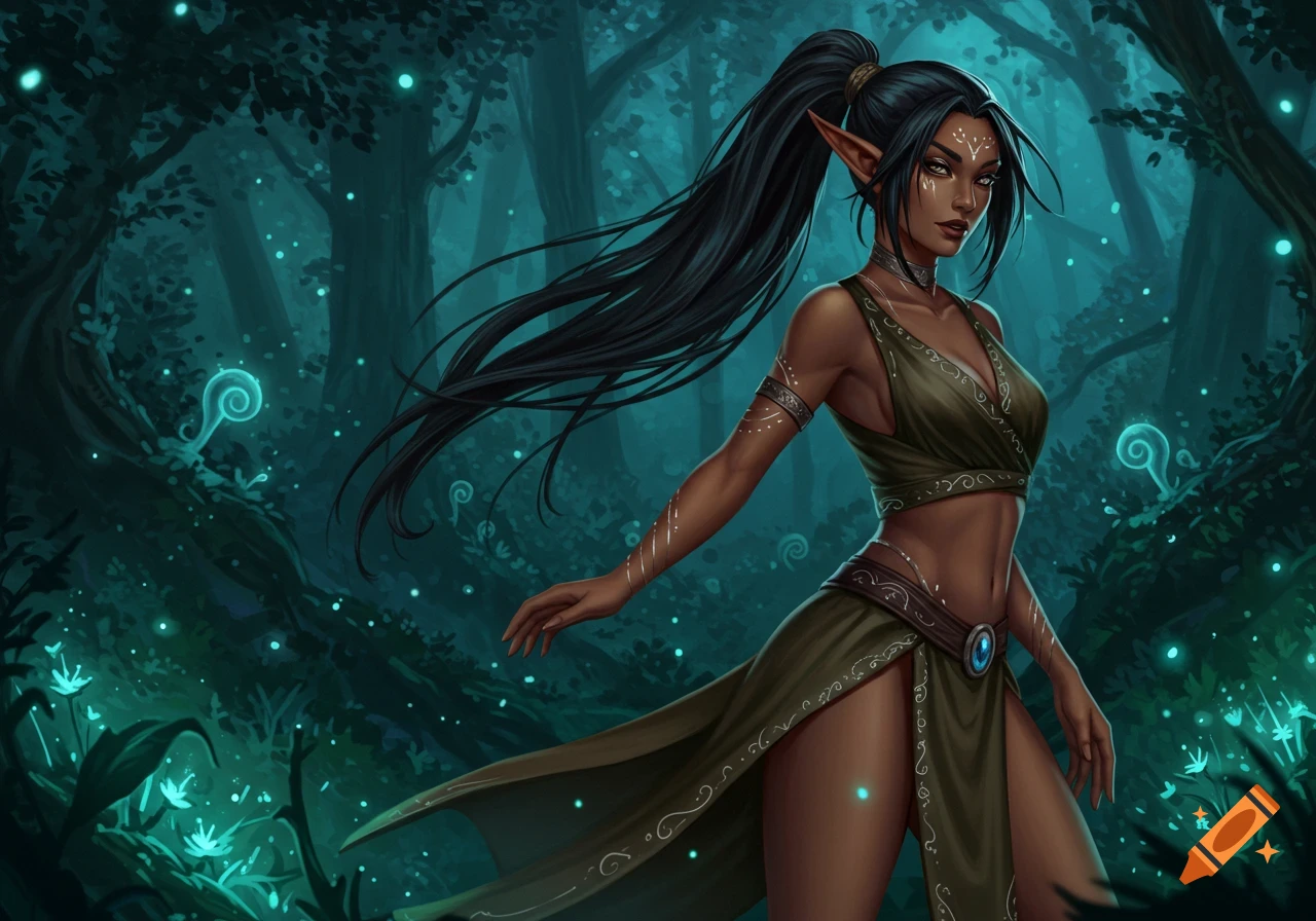 A tan-skinned female half-elf with long black hair and pointed ears stands in a glowing dark fantasy forest, digital art.