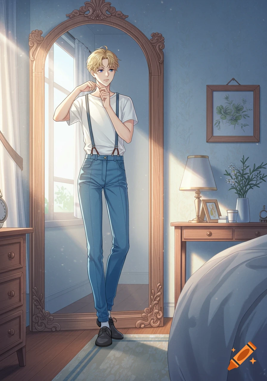 An anime young man with blond hair and blue eyes, wearing a white T-shirt, blue jeans, and black suspenders, looks at himself in a large ornate mirror in a sunlit bedroom.