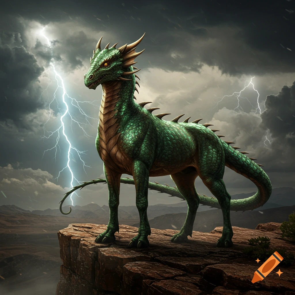A green, scaly horse-dragon with horns stands on a rocky cliff under a stormy sky with lightning.