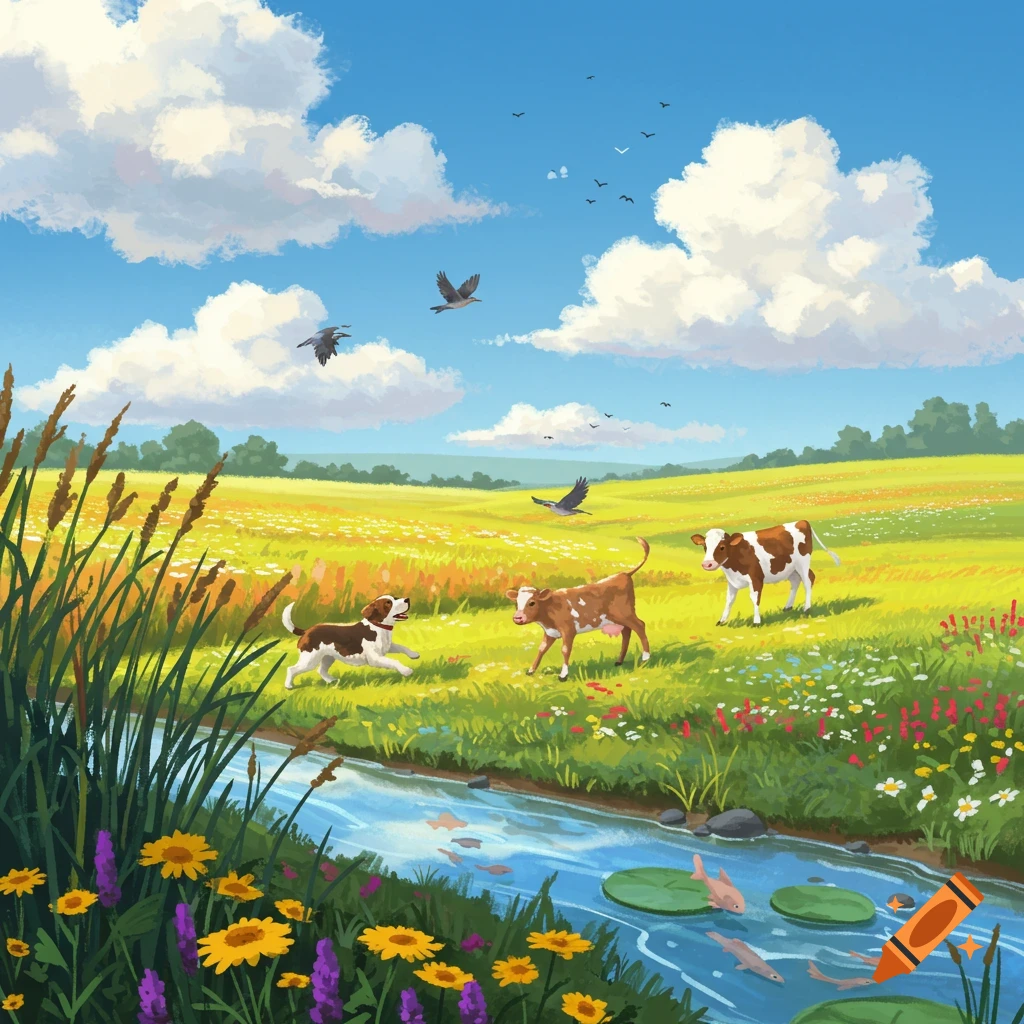 Vibrant illustration of a dog chasing a calf and cow in a sunny meadow with a stream, wildflowers, and birds flying.