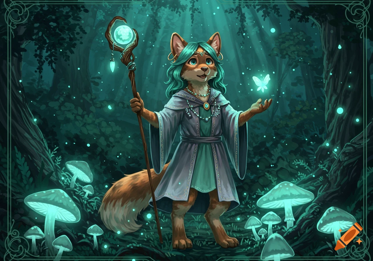 An anthropomorphic fox sorceress with teal hair and a glowing staff stands in a magical forest with glowing mushrooms and a butterfly, fantasy art style.