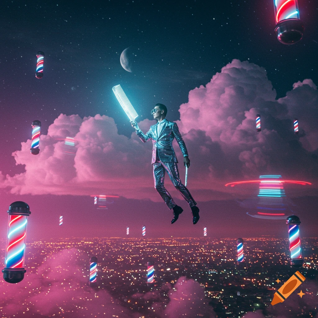 A man in a chrome suit floats above pink clouds, holding a glowing comb, amidst neon barber poles and city lights in a surreal vaporwave setting.
