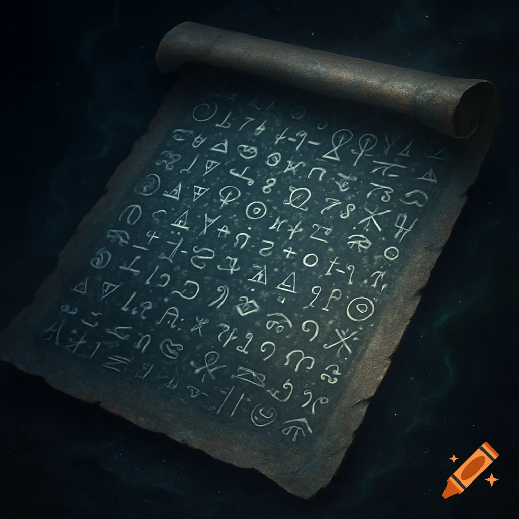 An ancient scroll displaying intricate, glowing alien hieroglyphics on a dark background.