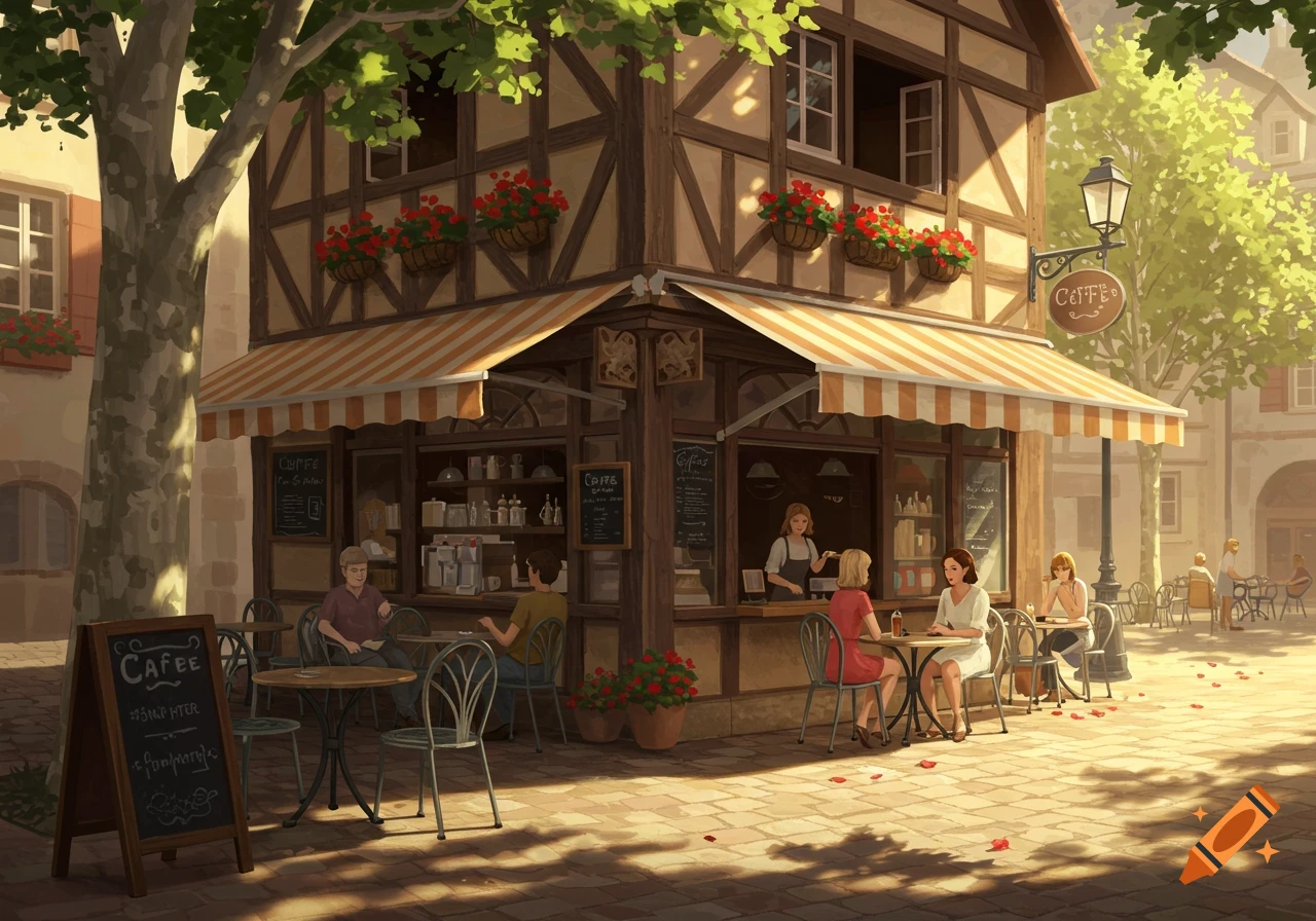 A charming outdoor cafe with a half-timbered building, striped awning, and people seated at tables on a sunny day.