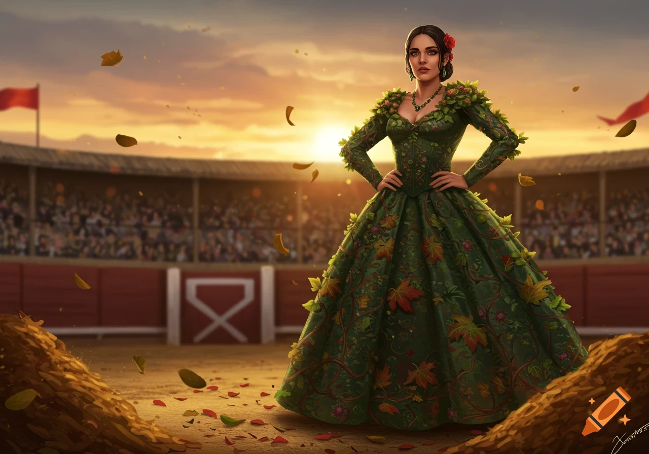 A woman in an intricate green gown adorned with leaves stands in a bullring at sunset, with golden light and falling petals.