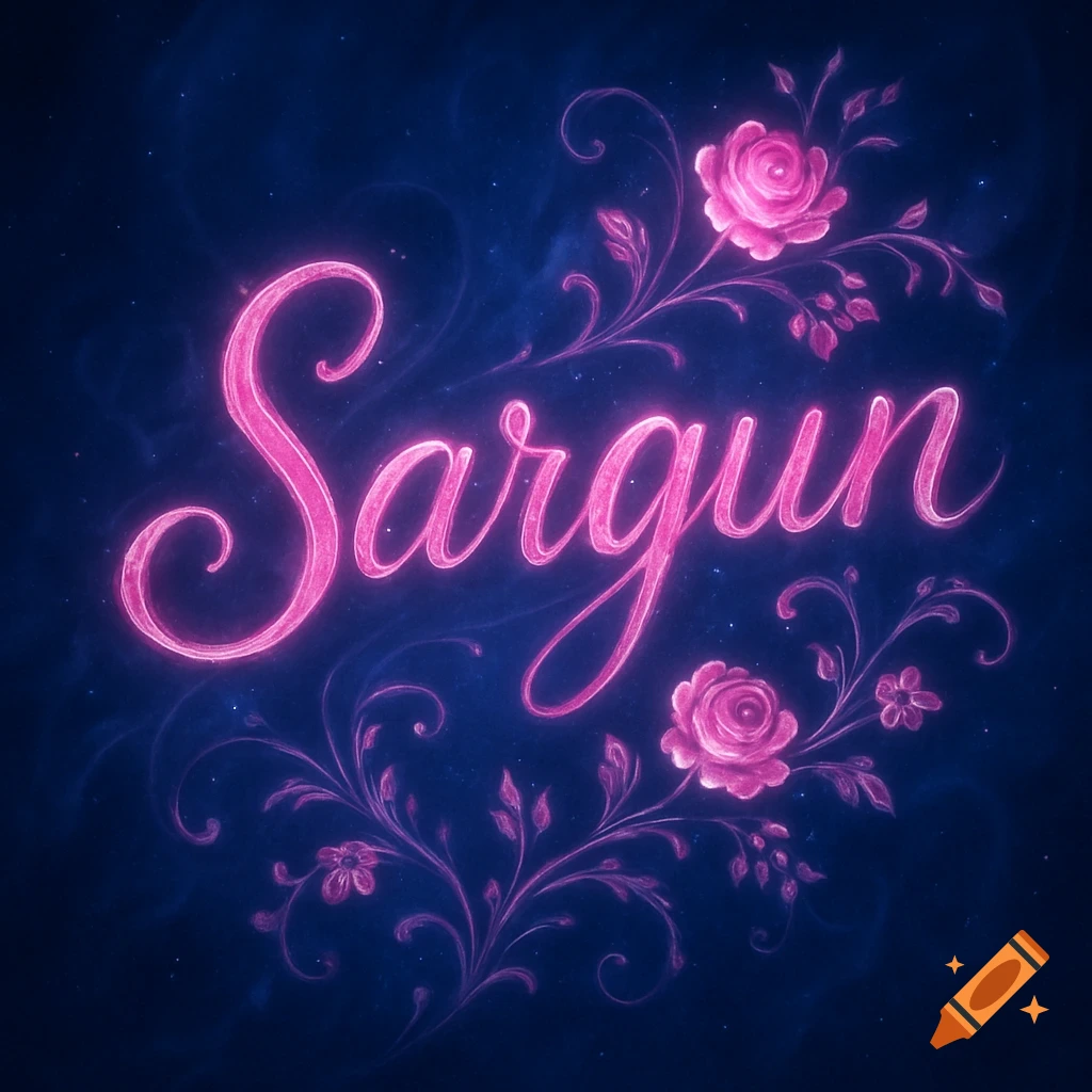 The glowing pink name 'Sargun' in a script font, surrounded by illuminated pink floral scrollwork on a dark blue, starry background.