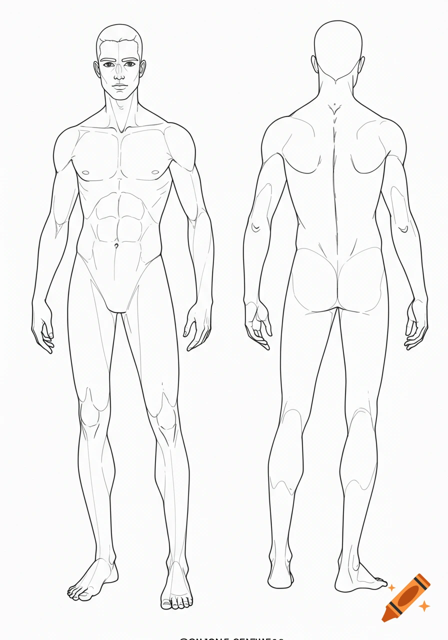 Black and white minimal line art drawing of a male fashion croquis, showing front and back views in a neutral pose.
