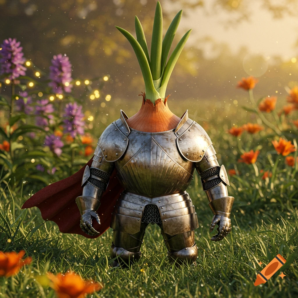 An onion with green shoots for a head, wearing full knight's armor and a red cape, stands in a vibrant flowery field.