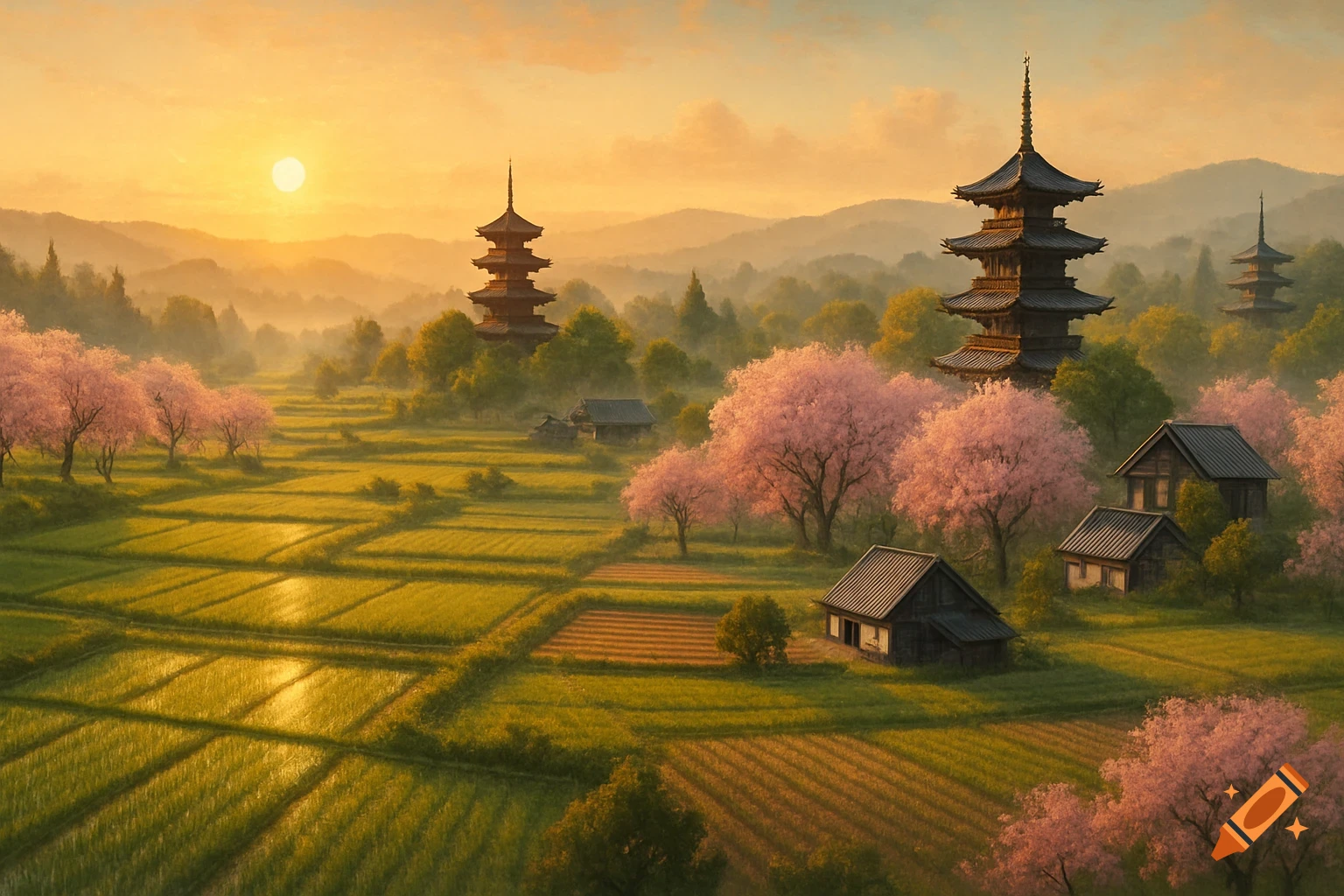 Japanese landscape at sunset with pagodas, traditional houses, cherry blossom trees, and golden rice fields, misty mountains in background.