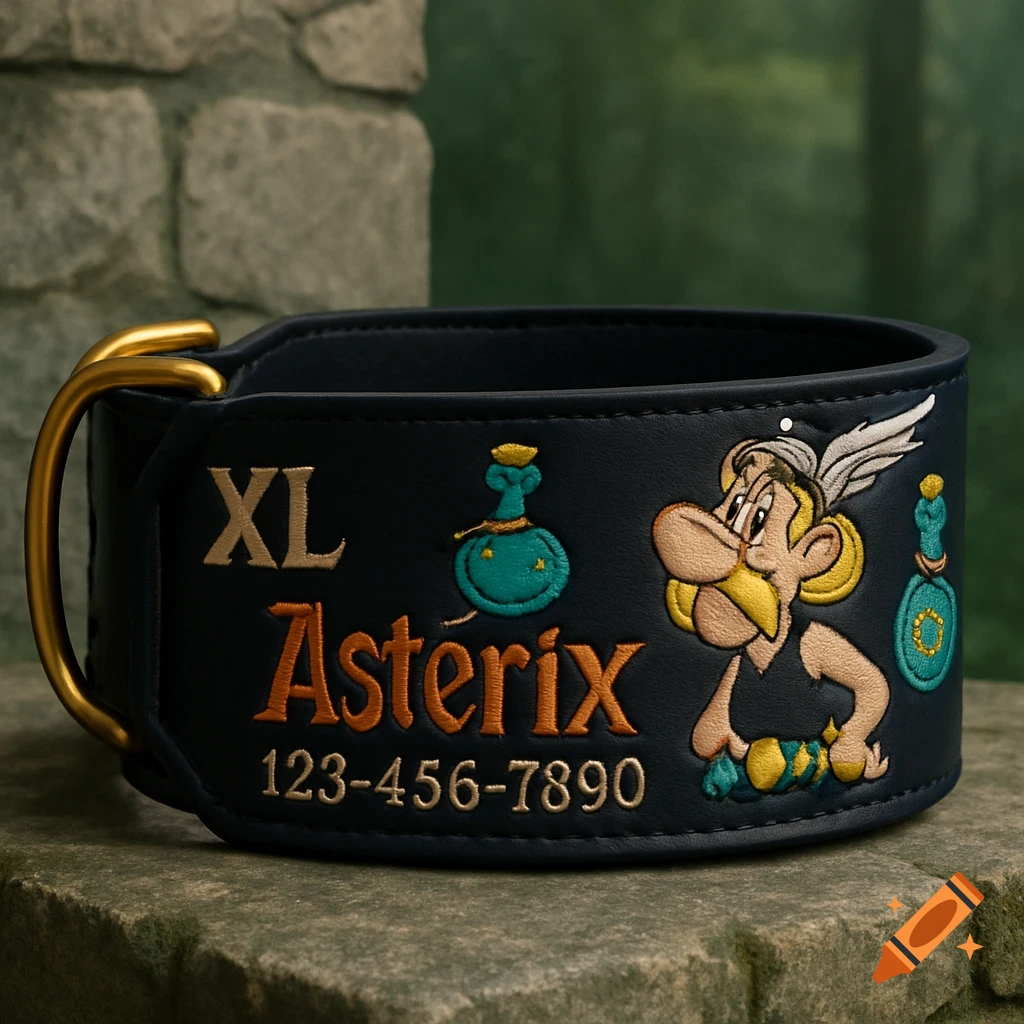 Navy blue dog collar with embroidered 'XL', 'Astérix', '123-456-7890', cartoon Asterix, and magic potions, on stone.