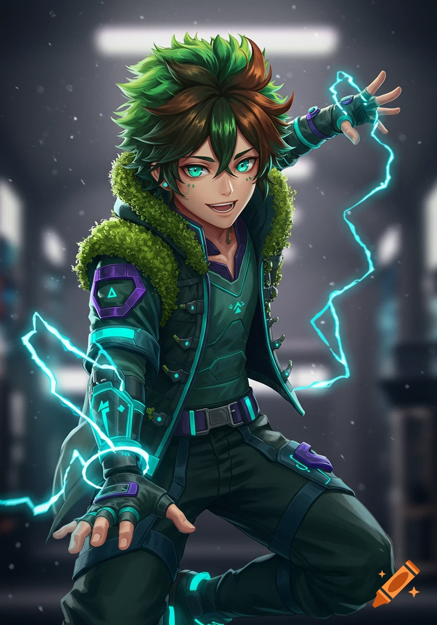 Anime-style young man with green and brown hair, glowing teal eyes, wearing a cyberpunk outfit, emitting blue electricity in a dynamic pose.