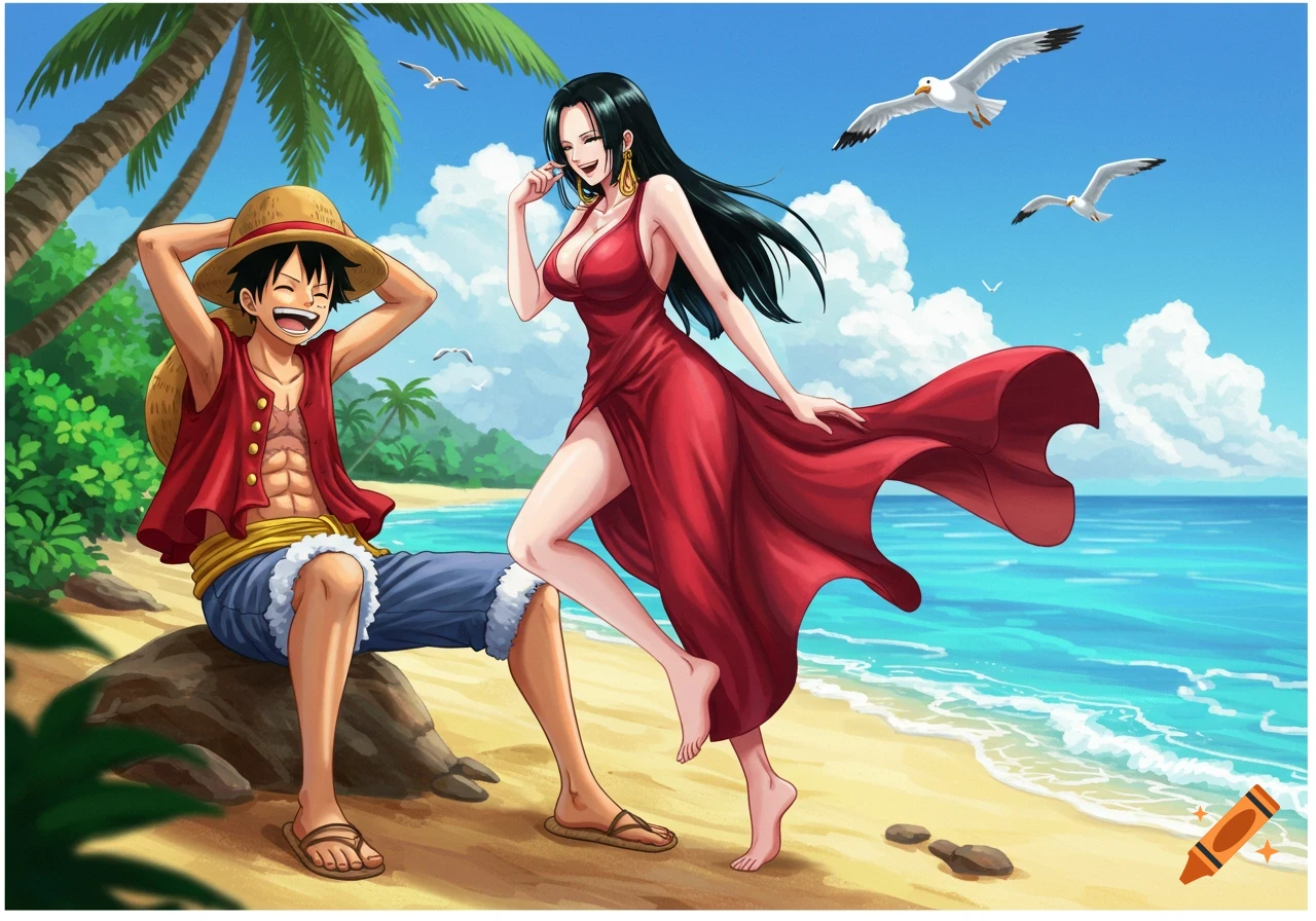 Anime illustration of Luffy and Boa Hancock happily posing on a sunny tropical beach with palm trees and seagulls.