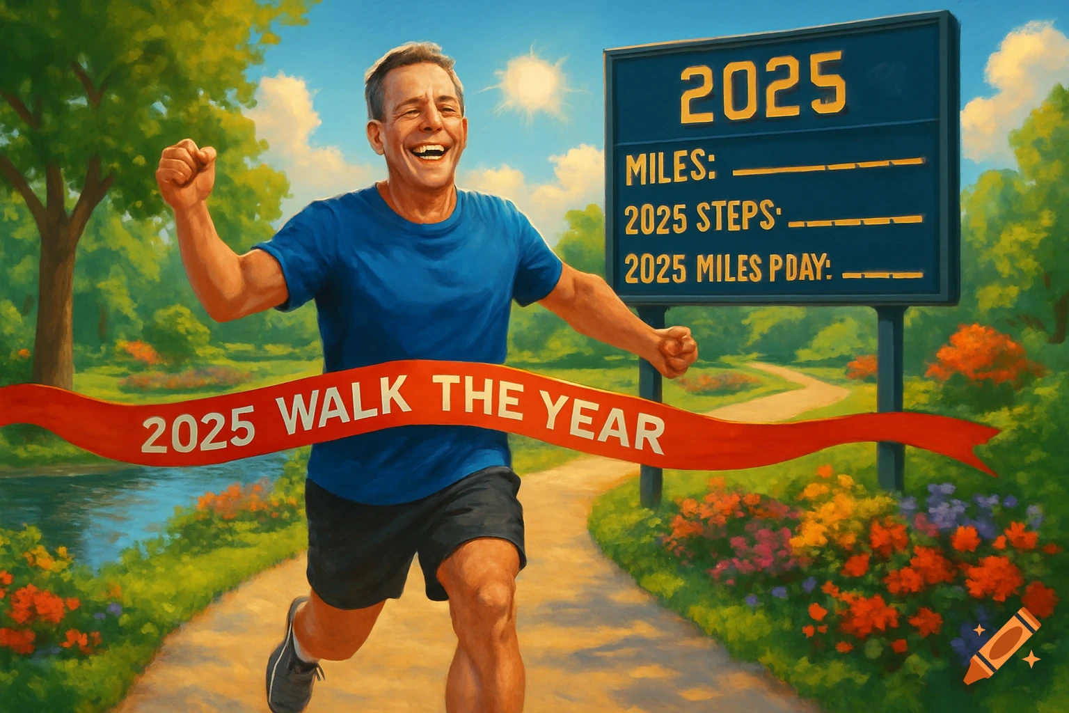 A smiling man in a blue shirt and black shorts crosses a finish line that reads "2025 WALK THE YEAR" in a sunny park with a scoreboard.