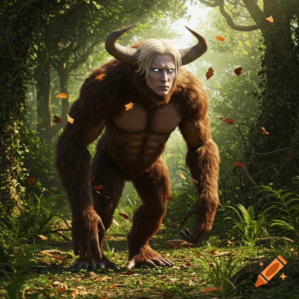 A photorealistic mythical creature with a blonde man's head, bull horns, and a furry ape-like body stands in a sunlit forest with falling leaves.